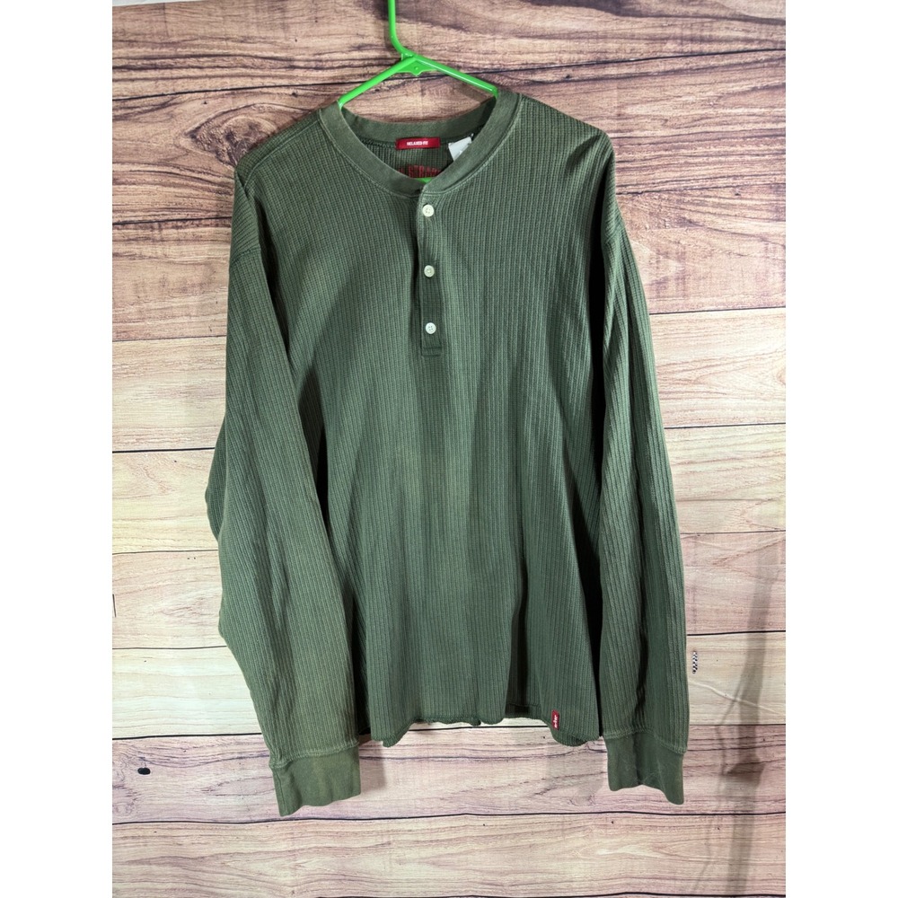 Levis Mens Relaxed Fit Henley Shirt XL Olive Green Long Sleeve Waffle Thermal